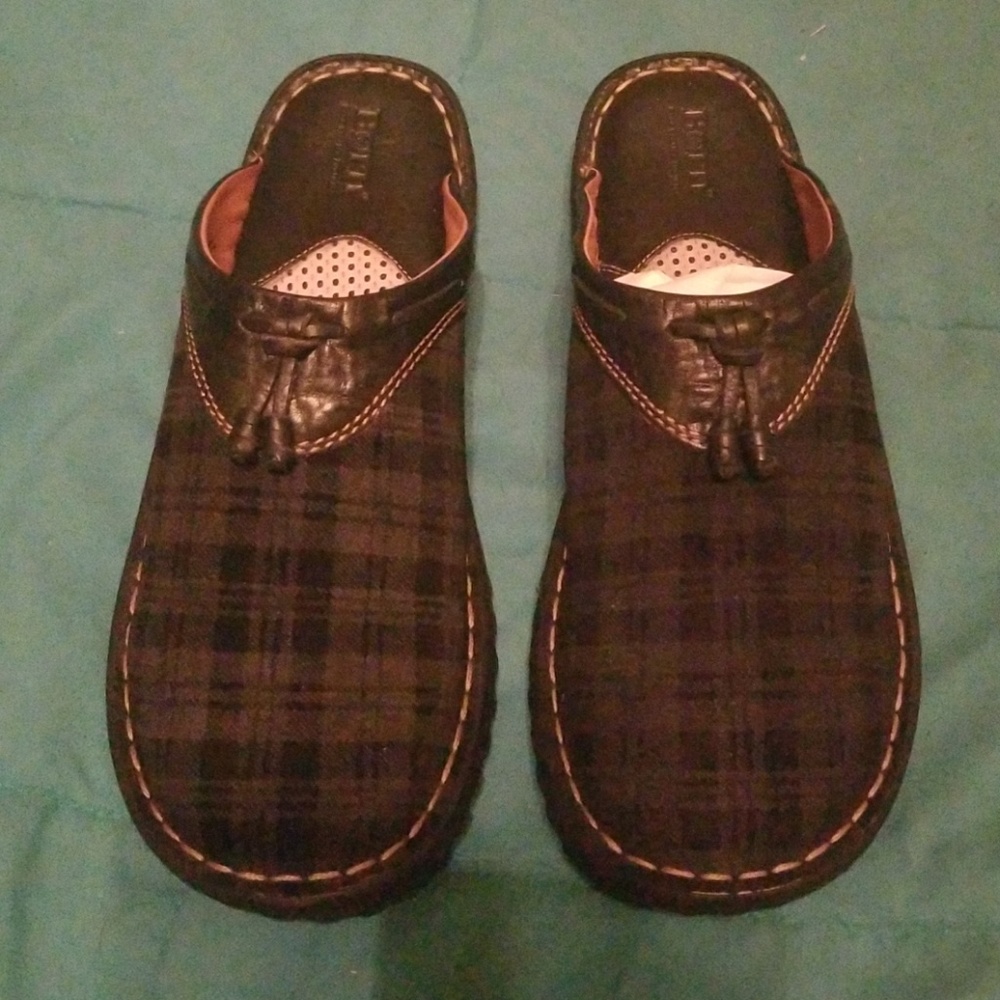 Born Black plaid suede and leather slides